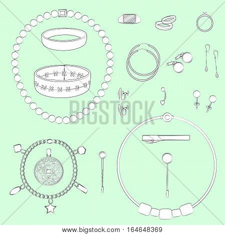 Set of jewelry illustrations. Light green background, white objects, black outline. Isolated images for your design. Vector