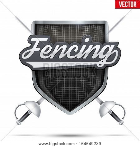 Fencing shield label with tag and epee. Symbol of sport or club. Vector Illustration isolated on white background.