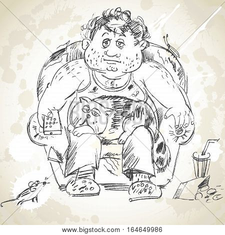 Fat man sits on the armchair and watching TV. Cat lying down on lap. Vector illustration