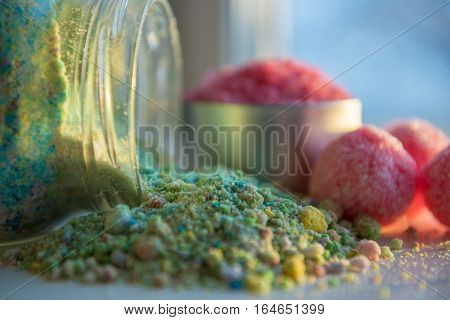 A set of cosmetic products for body care. Sea salt. Bath foam. Bomb bath. Photo closeup