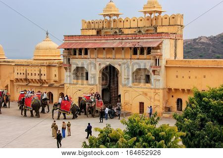 Amber, India - March 1: View Of Suraj Pol In Jaleb Chowk (main Courtyard) In Amber Fort On March 1,