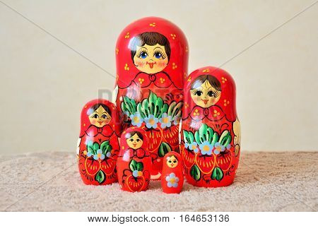 Matryoshka dolls group. Five Russian traditional wooden dolls.