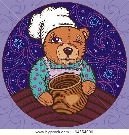 illustration of a bear chef in the turquoise shirt with pot on the background of the starry night sky