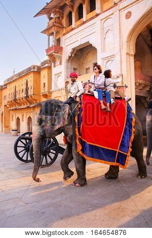 Amber, India - November 13: Unidentified People Ride Decorated Elephant In Jaleb Chowk In Amber Fort