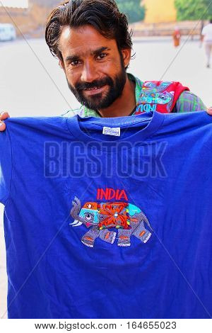 Amber, India - November 13: Unidentified Man Sells T-shirt In Jaleb Chowk In Amber Fort On November