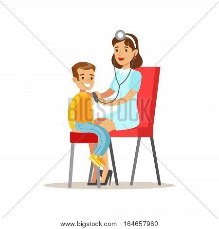 Kid On Medical Check-Up With Female Pediatrician Doctor Doing Physical Sthetoscope Examination For The Pre-School Health Inspection. Young Child On Medical Appointment Checking General Physical Condition Illustration.