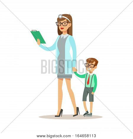 Kid On Medical Check-Up With Female Pediatrician Doctor Doing Physical Examination Walking Holding Hands For The Pre-School Health Inspection. Young Child On Medical Appointment Checking General Physical Condition Illustration.