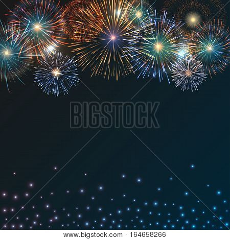 Festive brightly colorful fireworks bursting on blue twilight. background. Graphic illustration
