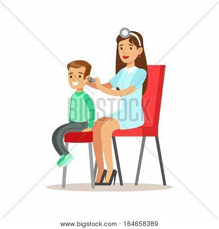 Boy On Medical Check-Up With Female Pediatrician Doctor Checking His Ears Doing Physical Examination For The Pre-School Health Inspection. Young Child On Medical Appointment Checking General Physical Condition Illustration.