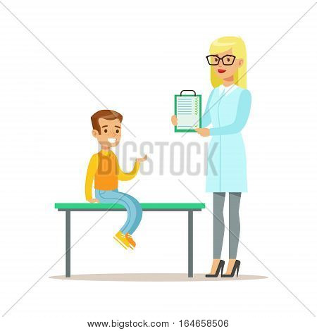 Boy On Medical Check-Up With Female Pediatrician Doctor Doing Physical Examination With Clipboard For The Pre-School Health Inspection. Young Child On Medical Appointment Checking General Physical Condition Illustration.