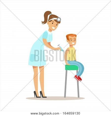 Boy Getting Vaccinated On Medical Check-Up With Female Pediatrician Doctor Doing Physical Examination For The Pre-School Health Inspection. Young Child On Medical Appointment Checking General Physical Condition Illustration.