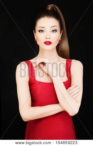 Fashion Photo of Young Beautiful Model Woman in Red Dress