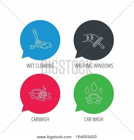 Colored speech bubbles. Car wash icons. Automatic cleaning station linear signs. Washing windows, wet cleaning and foam bucket flat line icons. Flat web buttons with linear icons. Vector