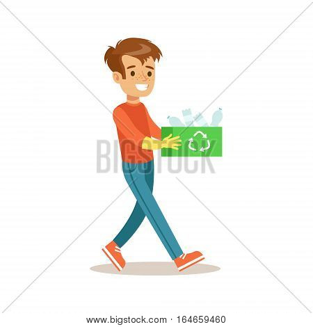 Boy Carrying Box Of Recycle Plastic Helping In Eco-Friendly Gardening Outdoors Part Of Kids And Nature Series. Happy Child Interacting With Nature And Participating In Garden Clean-up Procedures Vector Illustration.