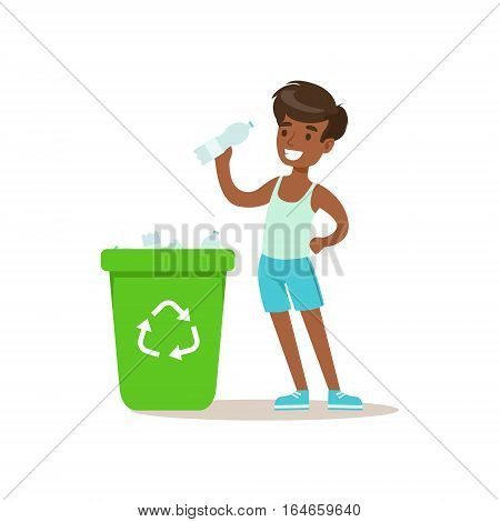 Boy Throwing Recycle Plastic Botlles In Trash Bin Helping In Eco-Friendly Gardening Outdoors Part Of Kids And Nature Series. Happy Child Interacting With Nature And Participating In Garden Clean-up Procedures Vector Illustration.