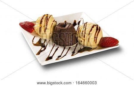 Petit Gateau Dessert With Ice Cream And Strawberry In White Background