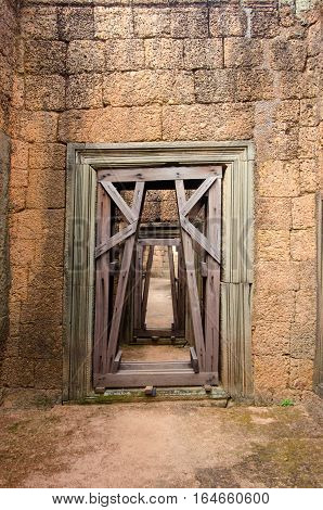 Stability repairs to a doorway in an Angkortian temple to prevent collapse
