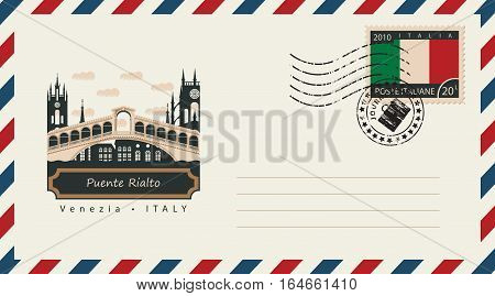 an envelope with a postage stamp with Venice Puente Rialto and the flag of Italy