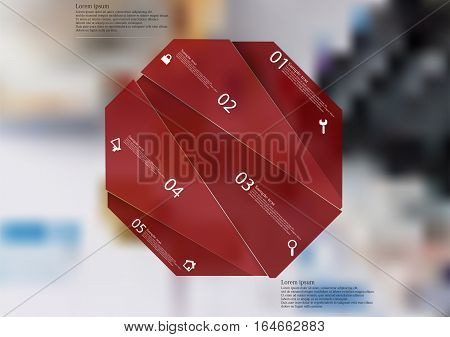 Illustration infographic template with motif of red octagon randomly divided to five sections with simple signs. Blurred photo with financial motif (coins calculator charts) is used as background.