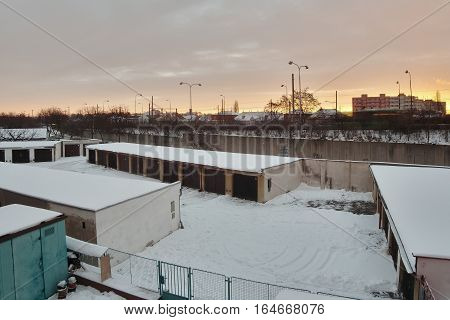 Chomutov Ustecky kraj Czech republic - January 07 2017: garages and road number 13 in the morning after snowfall