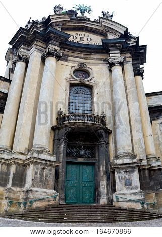 Ancient monument - facade of medieval church in Lviv Ukraine - panorama
