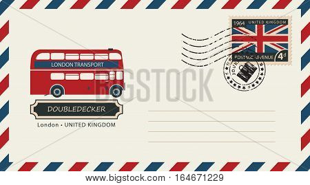 an envelope with a postage stamp with London doubledecker and the flag of United Kingdom