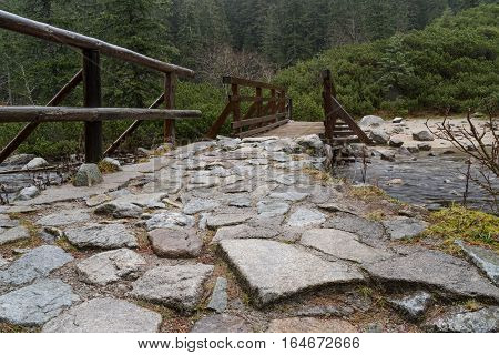 stone bridge over a mountain river in Sea Eye. Poland