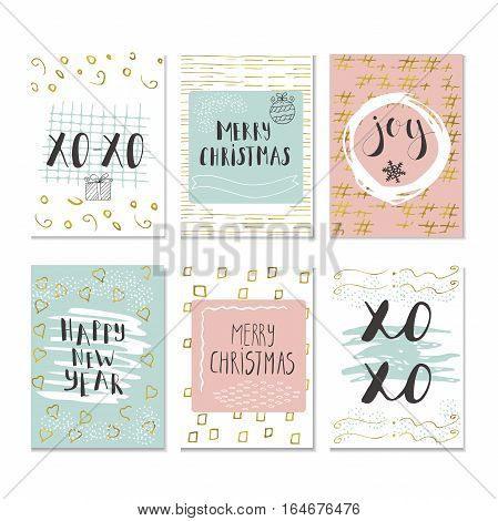 Set of 6 Christmas and Happy New Year greeting cards with handwritten brush lettering and decorative elements. Vector illustration for winter invitations cards posters and flyers.