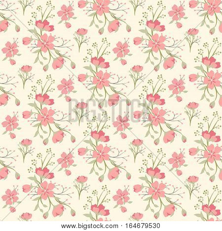 Vector retro cute seamless pattern with red simple flowers and branches. Floral background for printing on fabric, paper for scrapbooking, gift wrap.