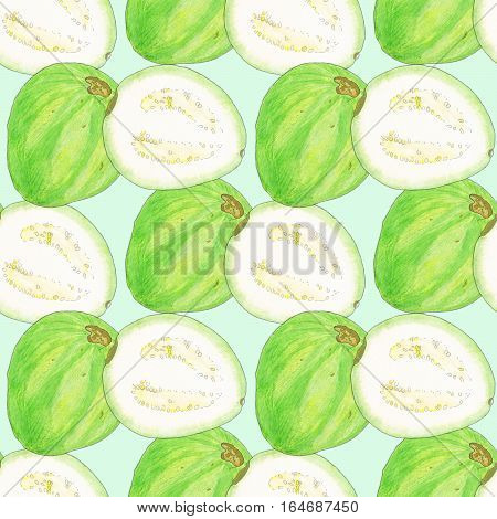 Guava or guayaba. Seamless pattern with hand-drawn tropical fruit - psidium on the mint green background. Real watercolor illustration