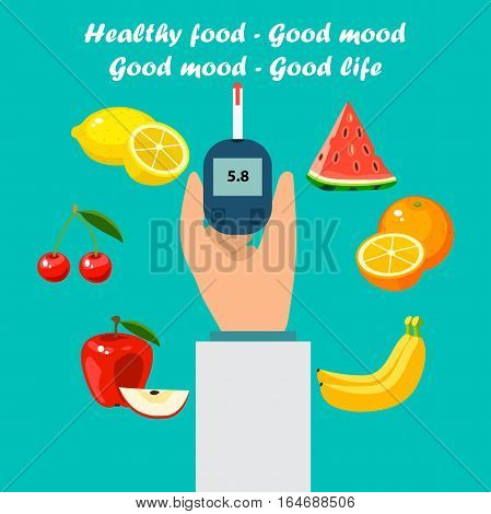 Very high quality original trendy vector flat illustration Blood test or glaucometer, glucose meter with healty food