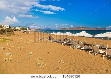 Kato Stalos beach near Chania great golden sand Chania prefecture Western Crete Greece