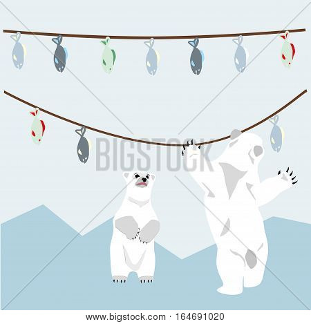 North white bears with fish on ice