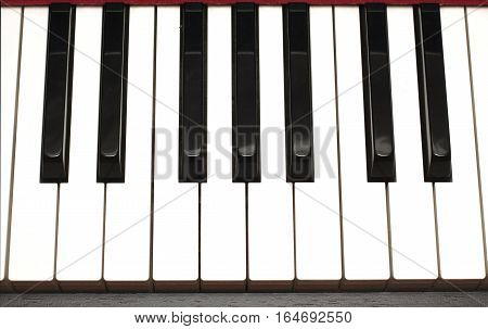 Black and white piano keys front view extreme closeup