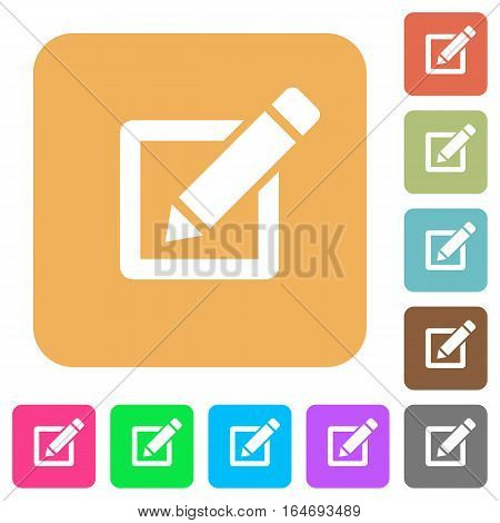 Editor with pencil flat icons on rounded square vivid color backgrounds.