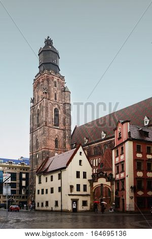 Wroclaw, Poland - December 14, 2016: Evening Wroclaw. Market Place and St. Elizabeth's Church