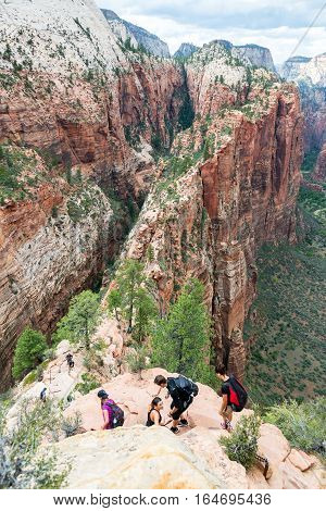SPRINGDALE UT - SEPTEMBER 14: Hikers in Zion National Park near Springdale Utah on September 14 2015