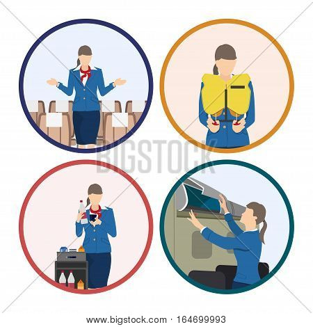 Stewardess serves passengers on the airplane. Attendant woman in uniform. Vector illustration