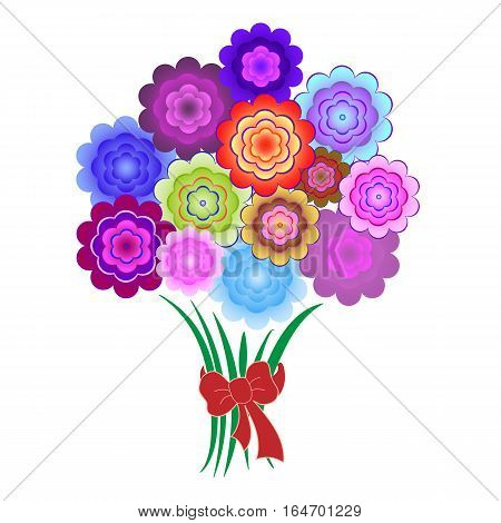A stylized bouquet of bright colorful flowers tied with a red bow. Vector illustration