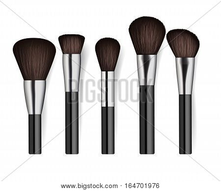 Realistic cosmetics brush set isolated on white background vector illustration. Facial makeup tools collection. Various fashion and beauty professional brush, decorative cosmetics concealer powder. Cosmetics product concept design