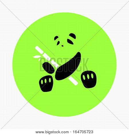 Cute panda icon holding bamboo on green background.