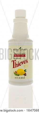 Winneconne WI - 1 January 2017: Bottle of Young Living Thieves household cleaner on an isolated background.