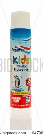 Winneconne WI - 7 January 2017: Tube of Aquafresh kids cavity protection toothpaste on an isolated background.
