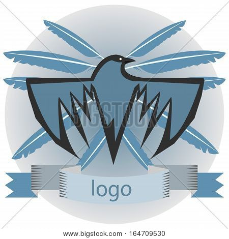 Blue raven with feathers and ribbons concept  logo