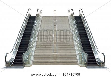 Escalator isolated on white background. with stair