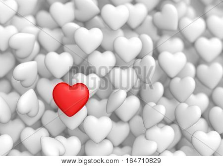 Red heart shape object is different from the overturn white ones