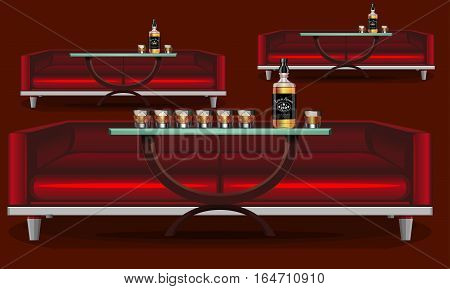 Interior bar, restaurant. Decorative red sofa. Restaurant, brasserie, pub, restaurant. Liquor cognac, brandy, whiskey. Interior pattern. Glass with ice. Vector illustration