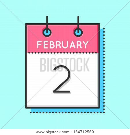 Vector Calendar Icon. Flat and thin line vector illustration. Calendar sheet on light blue background. February 2th. Happy Groundhog Day