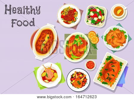 Refreshing salad with meat dishes icon with baked beef, pork meatloaf and lamb with vegetables and egg, ginger chicken wings, pork and chicken with fruit sauce, watermelon salad with cheese and olives