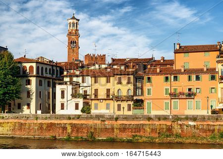 Old Houses And The Torre Dei Lamberti Tower In Verona, Italy